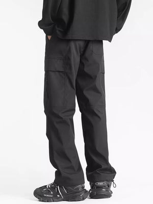 Men's black relaxed fit cargo sweatpants with ankle drawstring and multiple pockets.