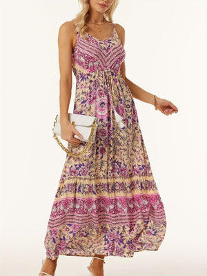 Bohemian floral maxi dress with adjustable waist and tiered skirt in pink and purple floral print on beige.