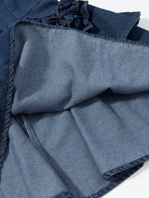 Denim mini dress with floral ruffle detail and frayed hem.