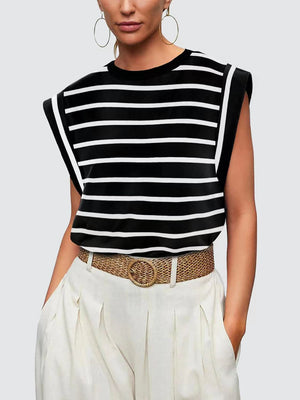 Padded shoulder tank top with black and white Breton stripes and cap sleeves.