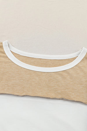 Colorblock knit top in tan with white contrast neckline and raw hem detail.