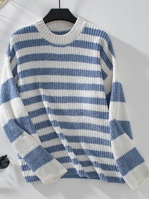 Light blue and white striped crewneck sweater with ribbed neckline and cuffs.