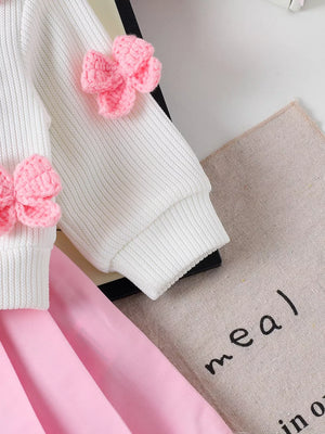 Children's Bow Button Up Cardigan And Pleated Skirt Set in Pink, model styling view