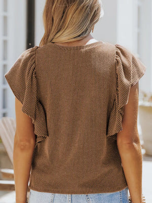 Brown ribbed t-shirt with ruffled short sleeves.