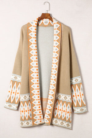 Khaki open-front knit cardigan with geometric trim and long sleeves.