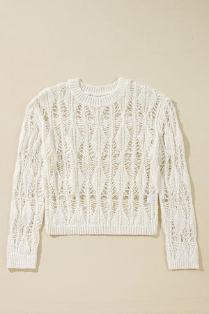Ivory open-knit crochet sweater with diamond pattern and crew neck.