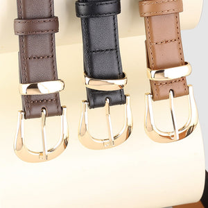 Elegant leather belts in black, brown, and coffee brown with polished gold buckles.