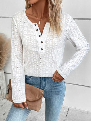 White textured henley long sleeve top with button detail