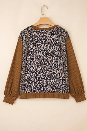 Leopard Floral Print Ribbed Puff Sleeve Sweatshirt in Brown, fabric detail