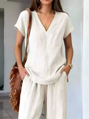 Full Size V-neck Short Sleeve Top And Pants Set in Light Brown, side view