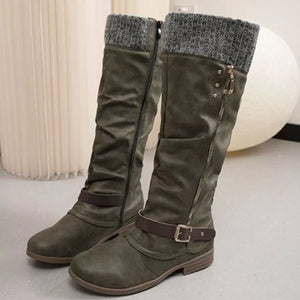 Matcha green suede slouch knee-high boots with knit detail and buckle strap.