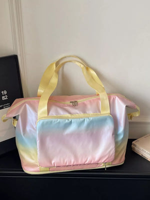 Iridescent gradient large duffel bag with yellow handles and front pocket