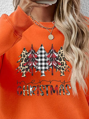 Orange crewneck sweatshirt with Christmas trees graphic and buffalo plaid accents.