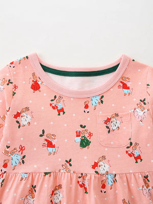 Pale blush cotton dress with festive bunny Christmas print and chest pocket.