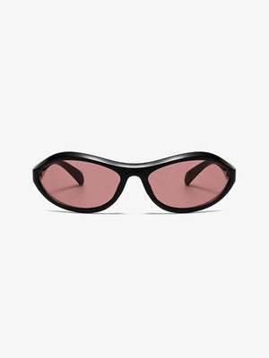 Sculpted oval lens sunglasses in black with pink lenses.