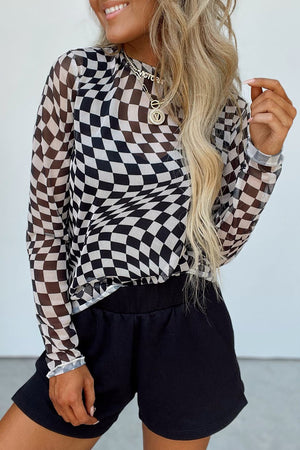 Black and white checkered mesh blouse with long sleeves and a mock neck.