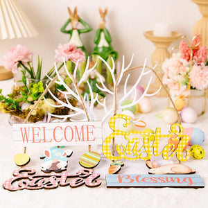 Easter wooden hanging decor with bunnies, carrots, and eggs. Style A and Style B.