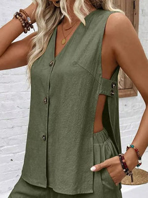 Army green V-neck sleeveless button-front top with side cutouts and matching shorts.