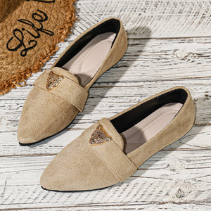 Point toe slip-on flats in apricot with animal print detail.