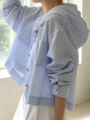 Striped Hooded Shirt With Drawstring, side view