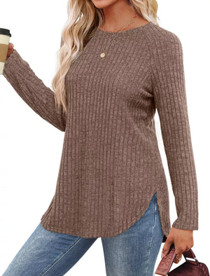 Ribbed knit long sleeve maternity t-shirt in caramel color with crew neck and side slits.