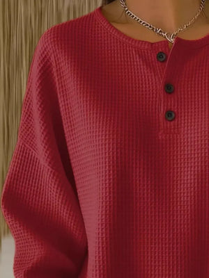 Full Size Waffle Knit Button Detail Top Plus Size in Orange, fit detail