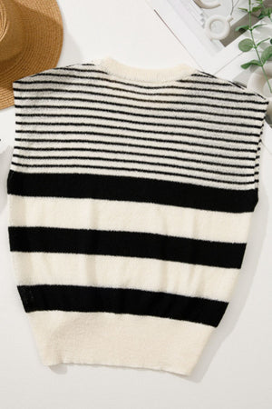 Black and cream striped knit sleeveless sweater with crew neck.