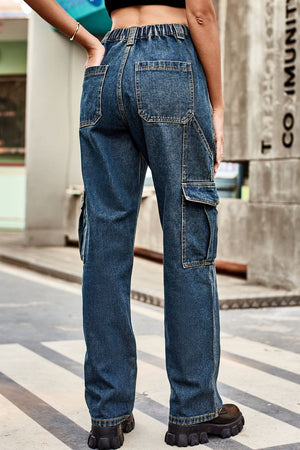 Dark wash denim cargo pants with relaxed fit and multiple pockets.
