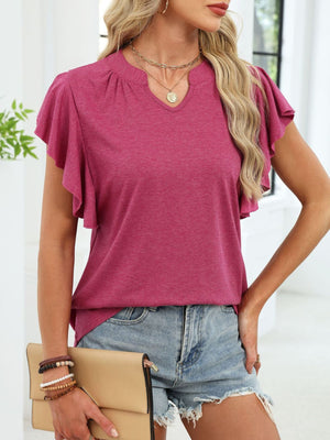 Wine red ruffled sleeve notched v-neck tee with a casual fit.