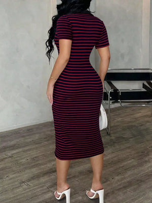 Chic striped polo midi dress in black and red, bodycon fit, short sleeves, buttoned neckline.