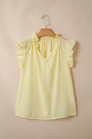 Yellow cotton blend V-neck shirt with ruffled cap sleeves and neckline