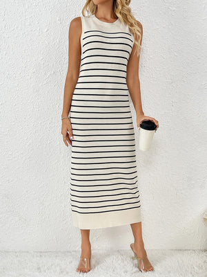 Striped ribbed sleeveless midi dress in cream with black stripes and a crew neck.