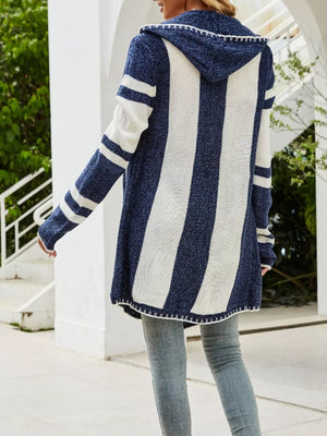 Striped Hooded Open Front Cardigan in Dusty Blue, close-up detail