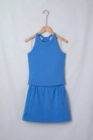 Blue ribbed cropped tank top and pocketed skort set