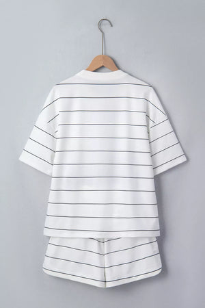 White striped half sleeve tee and shorts set with drawstring detail.