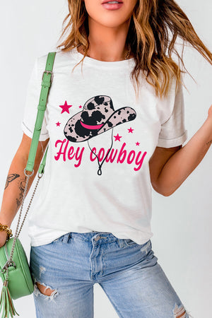 White cotton t-shirt with cowboy hat graphic and Hey cowboy text