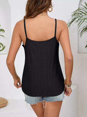 Black lace camisole with V-neck and delicate trim, shown from the back.