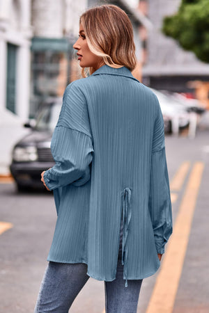 Sky blue textured oversized shirt with tie back detail