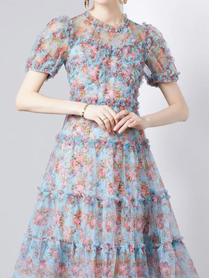 Ruffled floral dress with sheer sleeves and tiered skirt.