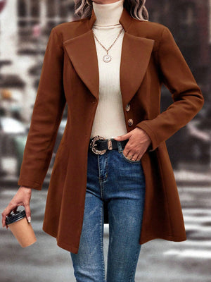 Brown wool blend coat with sculpted flare hem, buttoned front, and notched lapels.