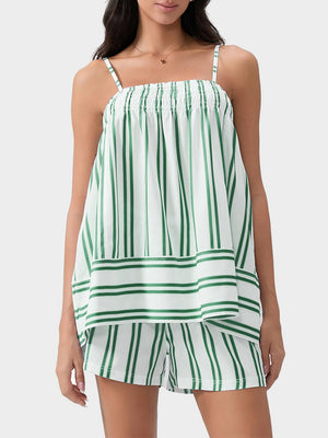 White and green striped smocked cami and shorts set with square neckline.