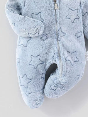Light blue plush baby one-piece with stars, zipper, and bear charm.