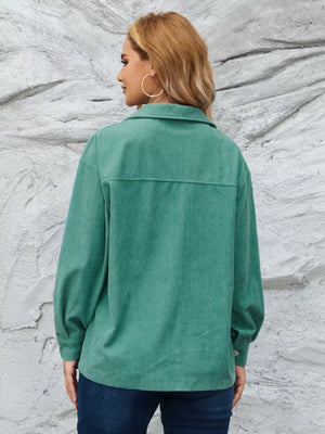 Textured corduroy button-up jacket in Peacock Green with a collar and long sleeves.