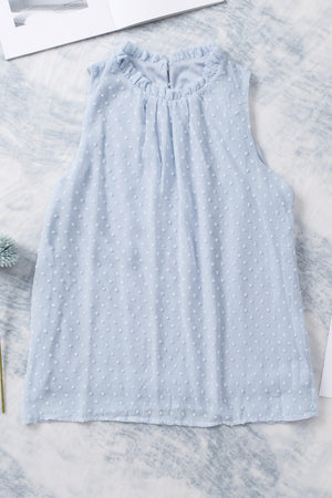 Light blue textured halter neck tank top with ruffled collar