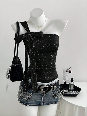 Polka Dot One-shoulder Cami, close-up detail