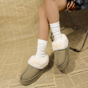 Plush suede platform slippers in matcha green with fluffy trim.