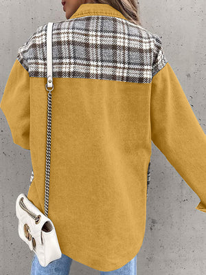 Panelled plaid denim hybrid jacket in mustard yellow with brown and white plaid yoke.