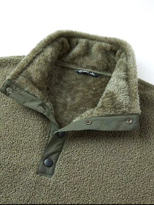 Olive green fleece pullover sweatshirt with snap collar and fuzzy lining.