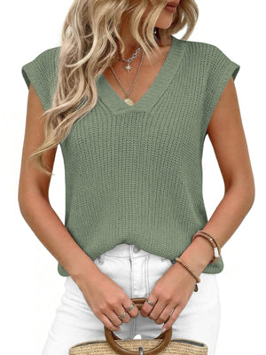 Sage green textured V-neck sleeveless knit sweater vest with a relaxed fit.
