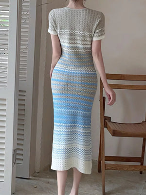 Gradient Knit Striped Midi Dress in Light Blue, fabric detail